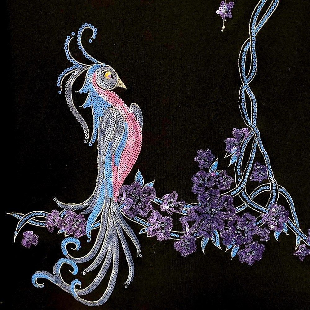 Bob Mackie Wearable Art Sequin Peacock 3/4 length sleeve shirt black size M - Picture 2 of 8